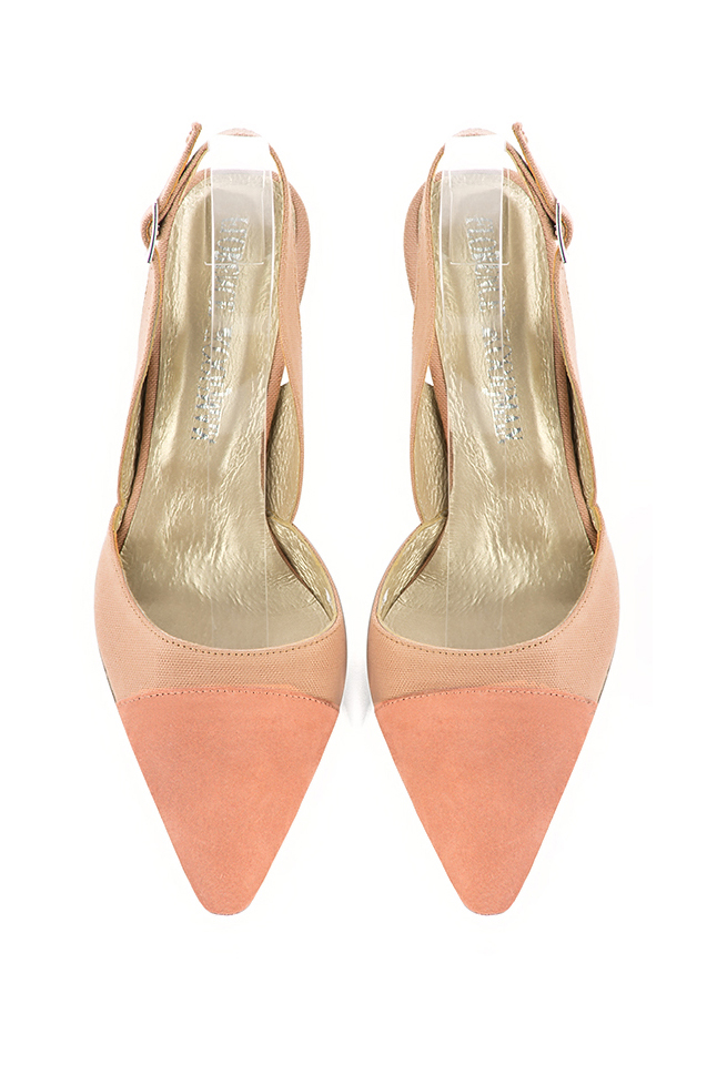 Women's peach elegant slingback heels. Tapered toe. High slim heel - Top view